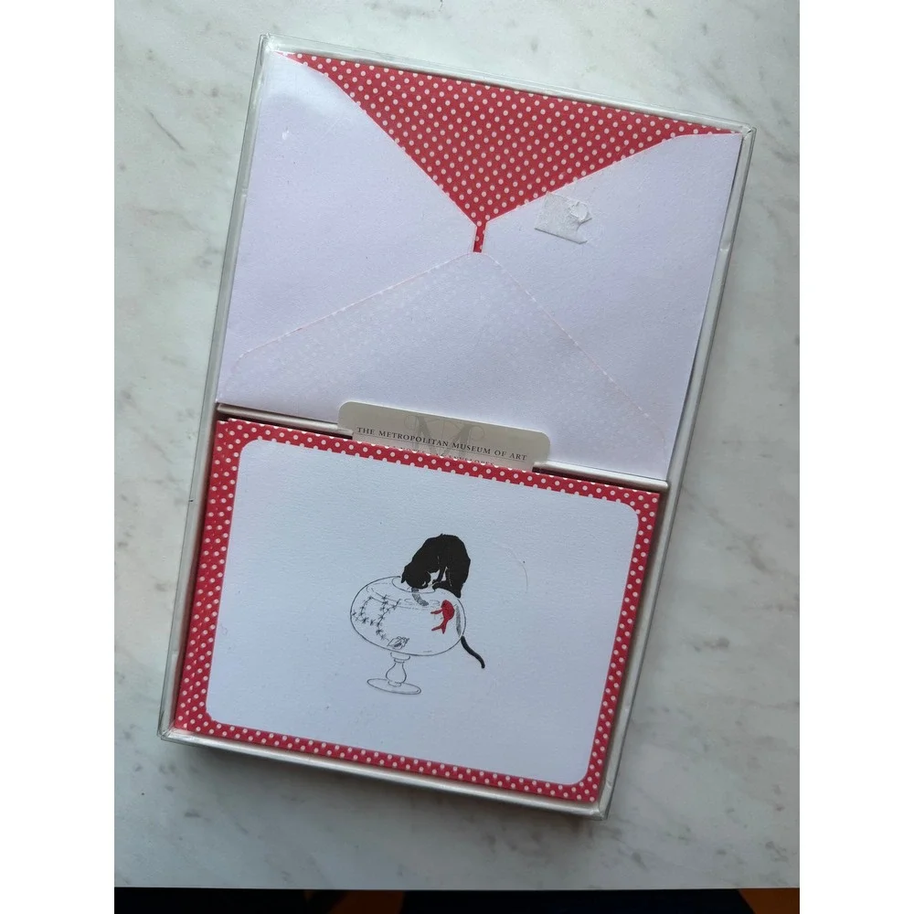 VTG Metropolitan Museum of Art Cat Note Cards Red White Polka Dot Stationery